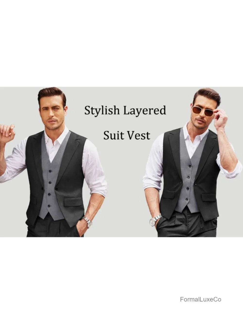 Men's Double Layer Suit Vest Wedding Waistcoat Slim Fit with Pockets
